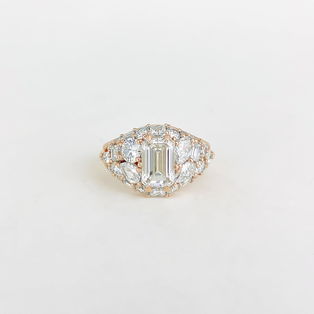 lab grown bridal ring, lab grown wedding ring, emerald lab diamond ring, emerald lab grown diamond ring, cluster lab diamond ring, premium lab created diamond ring, fine lab grown jewelry,