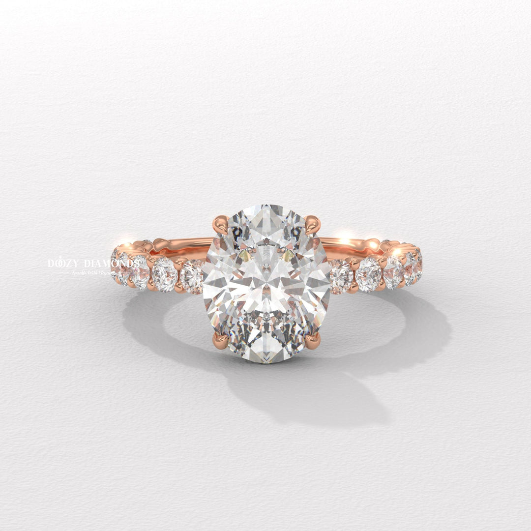 Oval cut engagement ring side view showing band detail