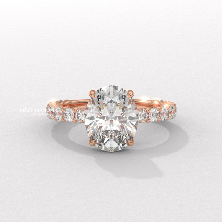 Oval cut engagement ring side view showing band detail