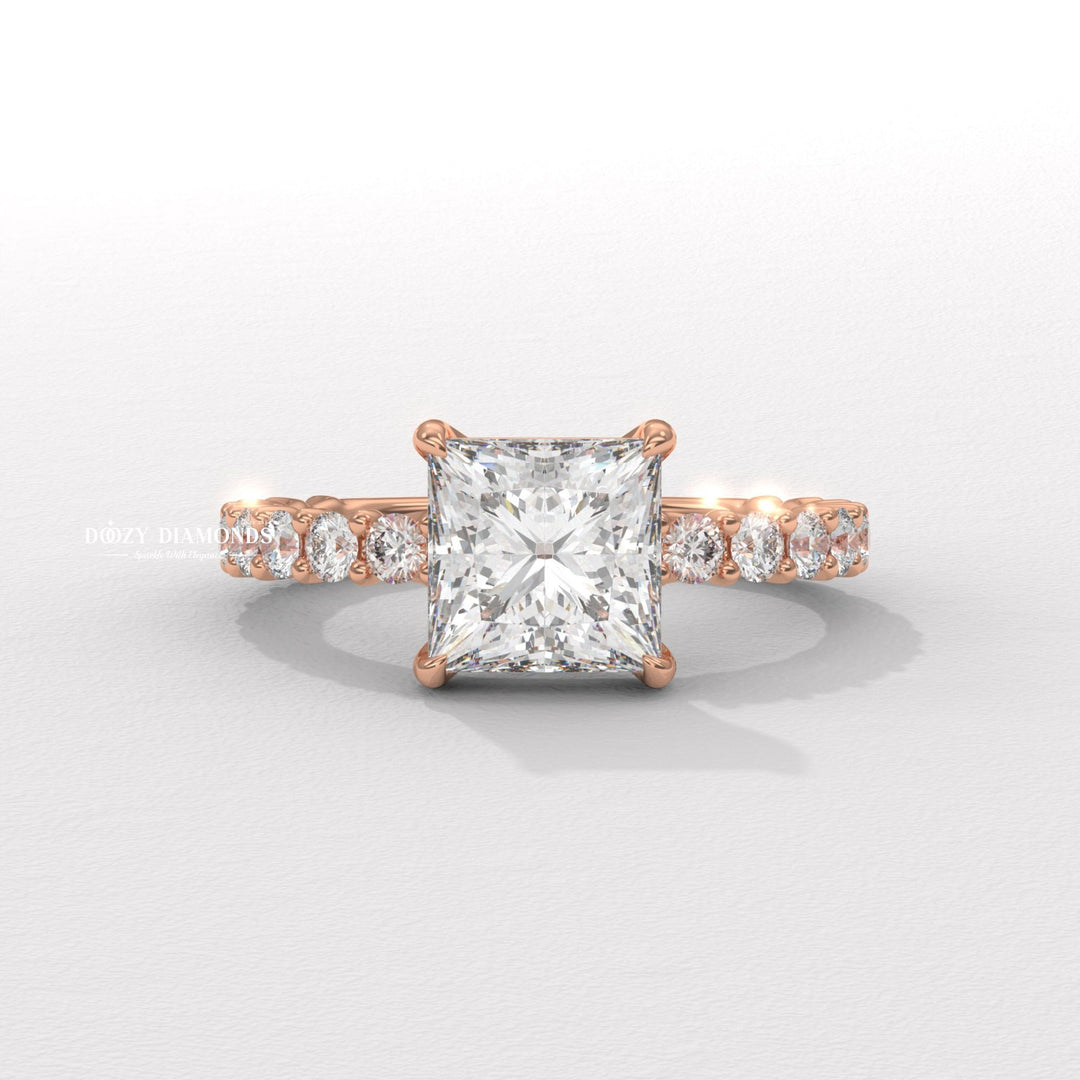 Certified princess cut diamond featured in pave engagement ring