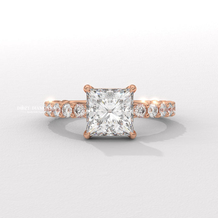 Certified princess cut diamond featured in pave engagement ring