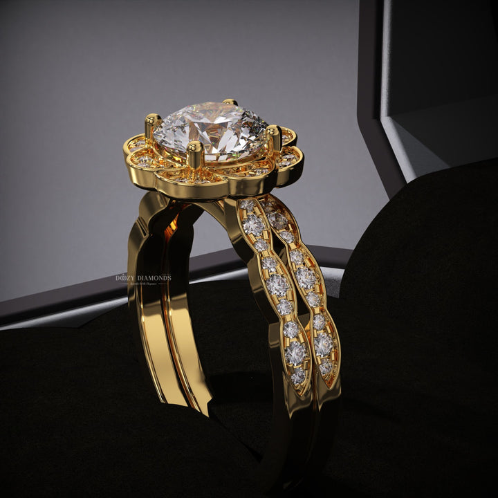 2.0CT Round Lab Grown Flower Engagement Ring - Vintage Wedding Band Set