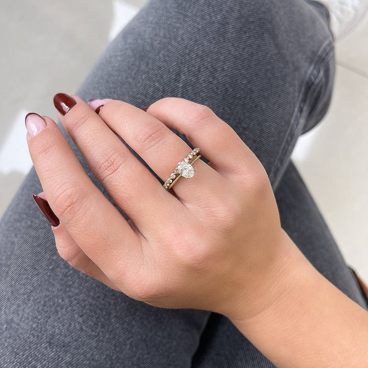 Oval cut engagement ring side view showing band detail