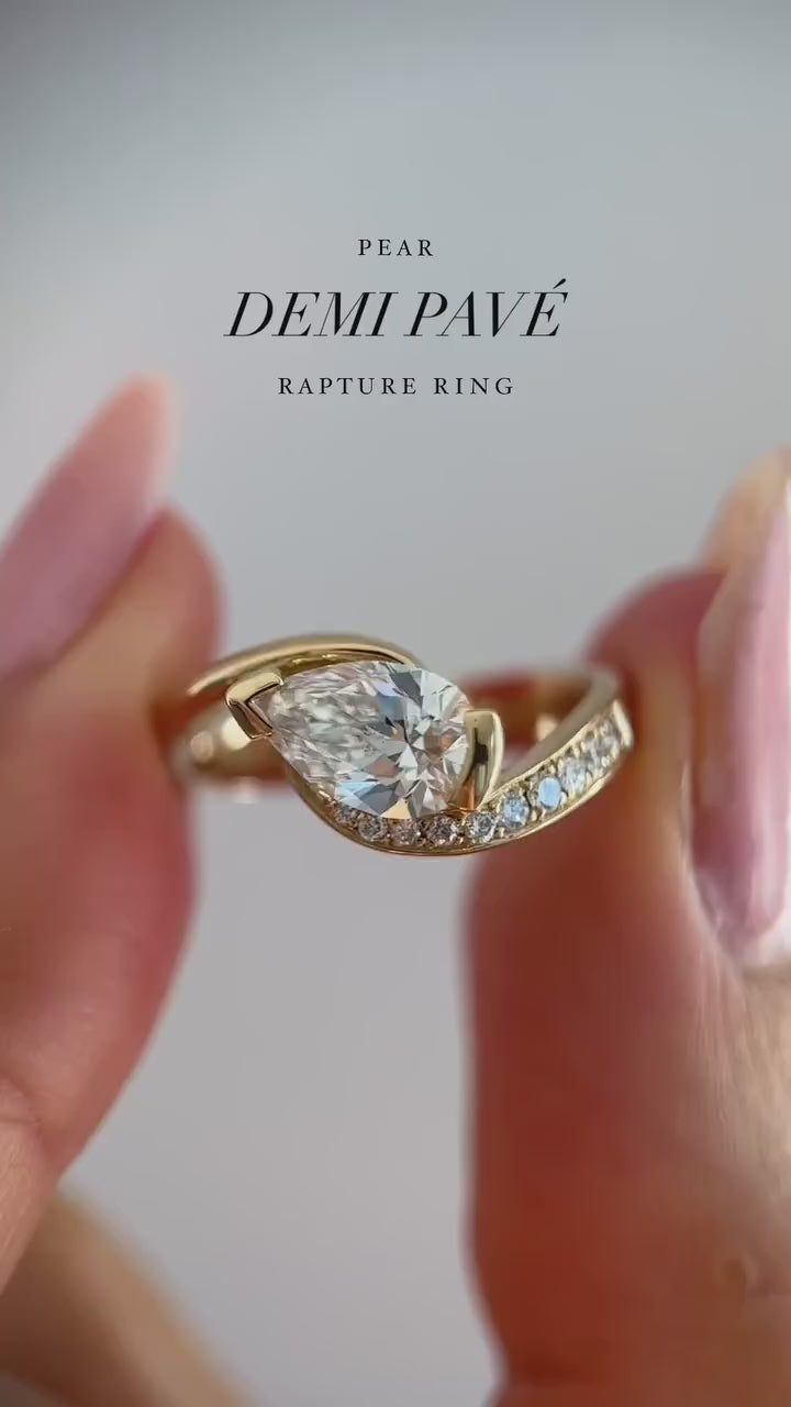1.50CT East West Pear Half Bezel Lab Grown Diamond Ring Yellow Gold Pave Swirl Bridal Set