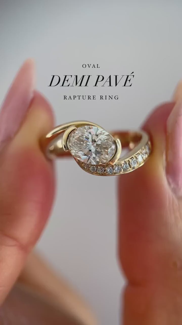 1.50CT East West Oval Pave Half Bezel Lab Grown Diamond Ring Yellow Gold Swirl Band