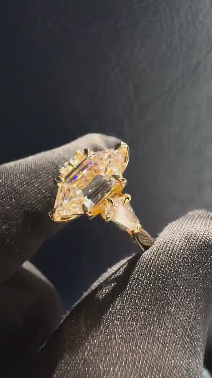 3.0CT Elongated Hexagon E/VVS1 Lab Grown Diamond Three Stone Engagement Ring