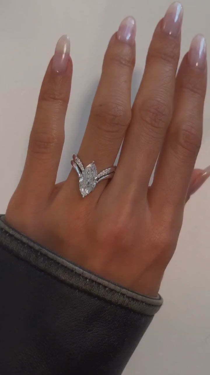 3.0CT Marquise Solitaire Lab Grown Diamond Ring Yellow Gold Chevron Pave Band