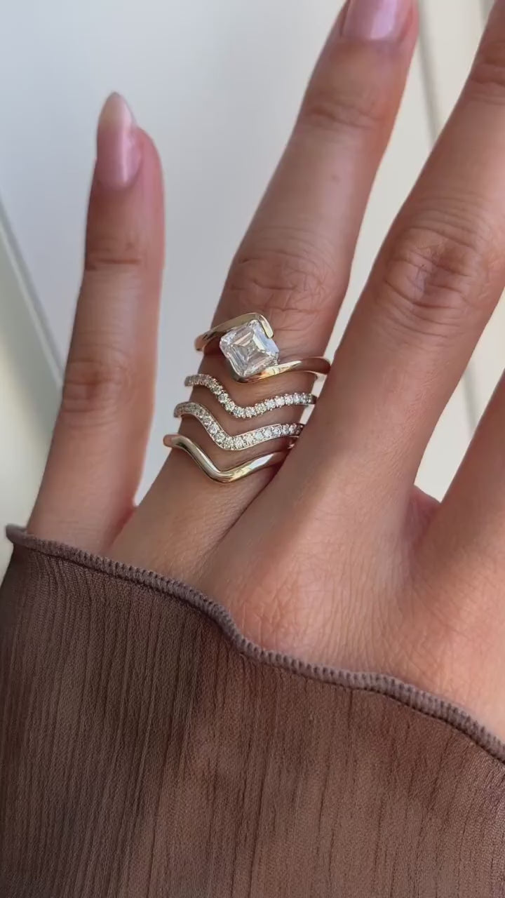 1.50CT Asscher Cut Half Bezel Lab Grown Diamond Ring Yellow Gold Bridal Ring Stack