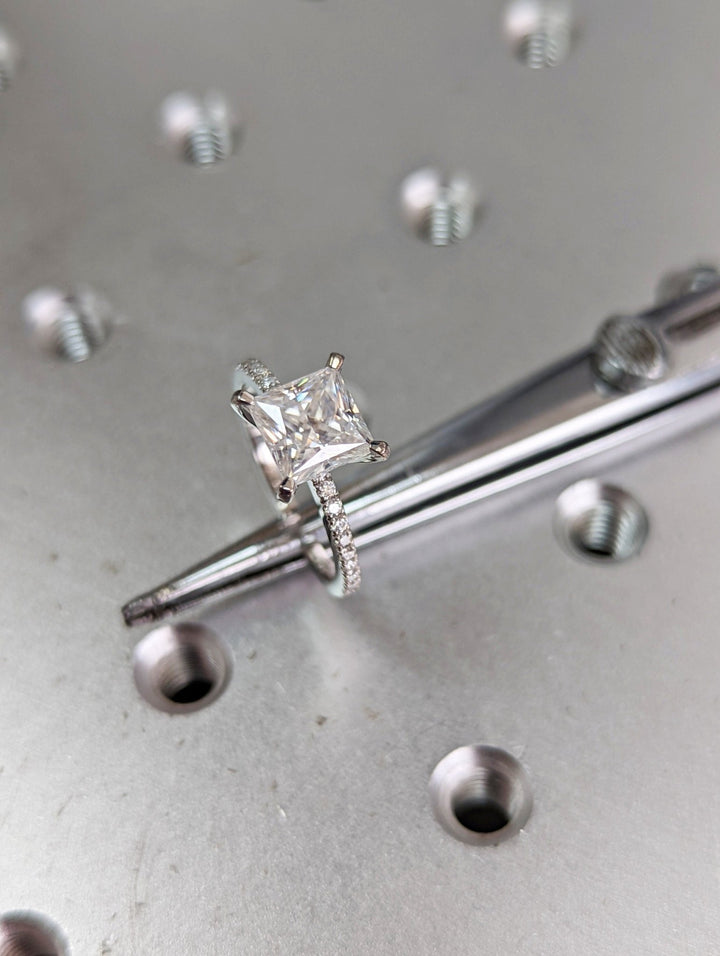 Princess pave lab grown diamond ring fitted on finger