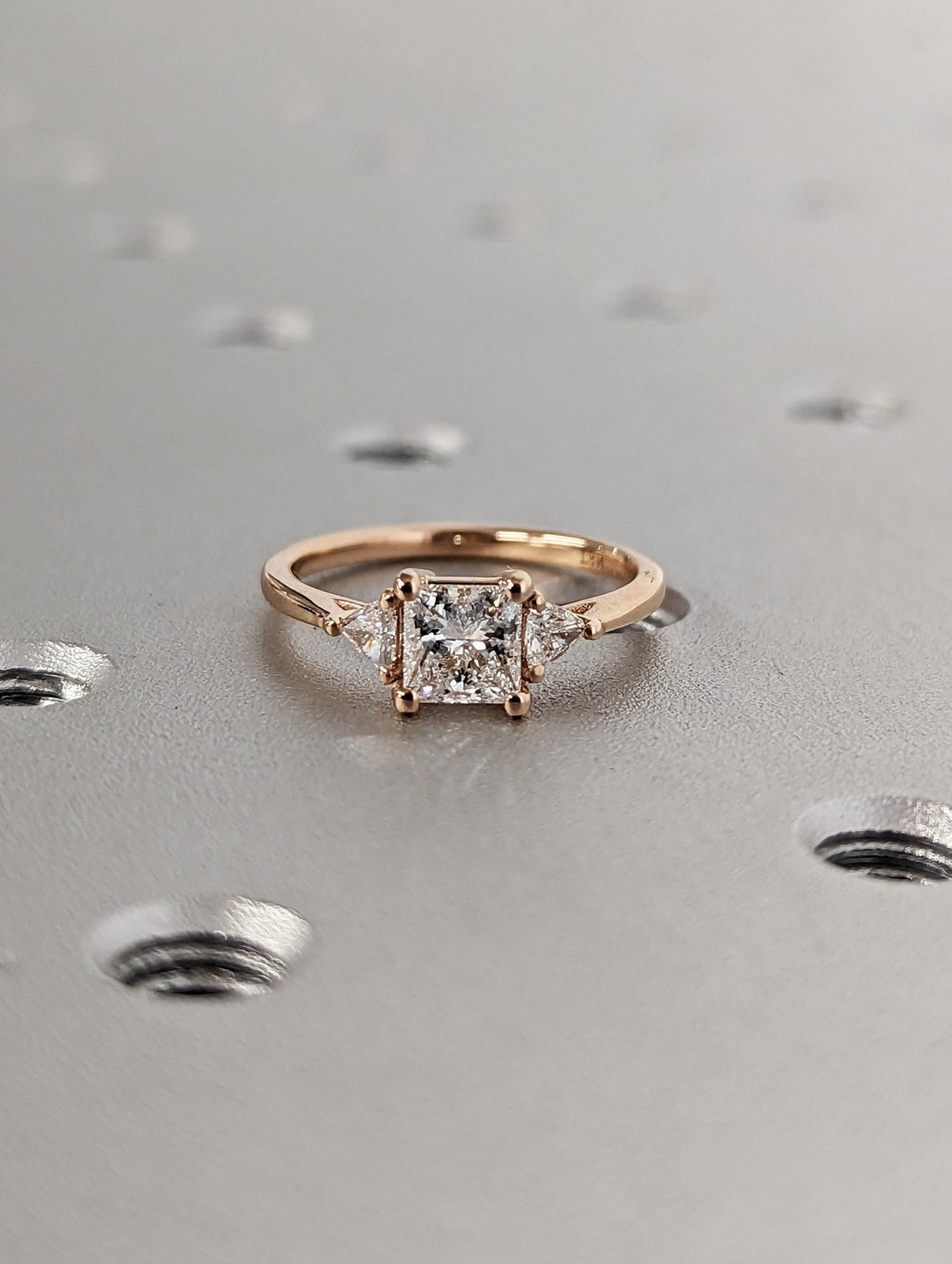 Handcrafted princess cut three stone lab grown diamond engagement ring