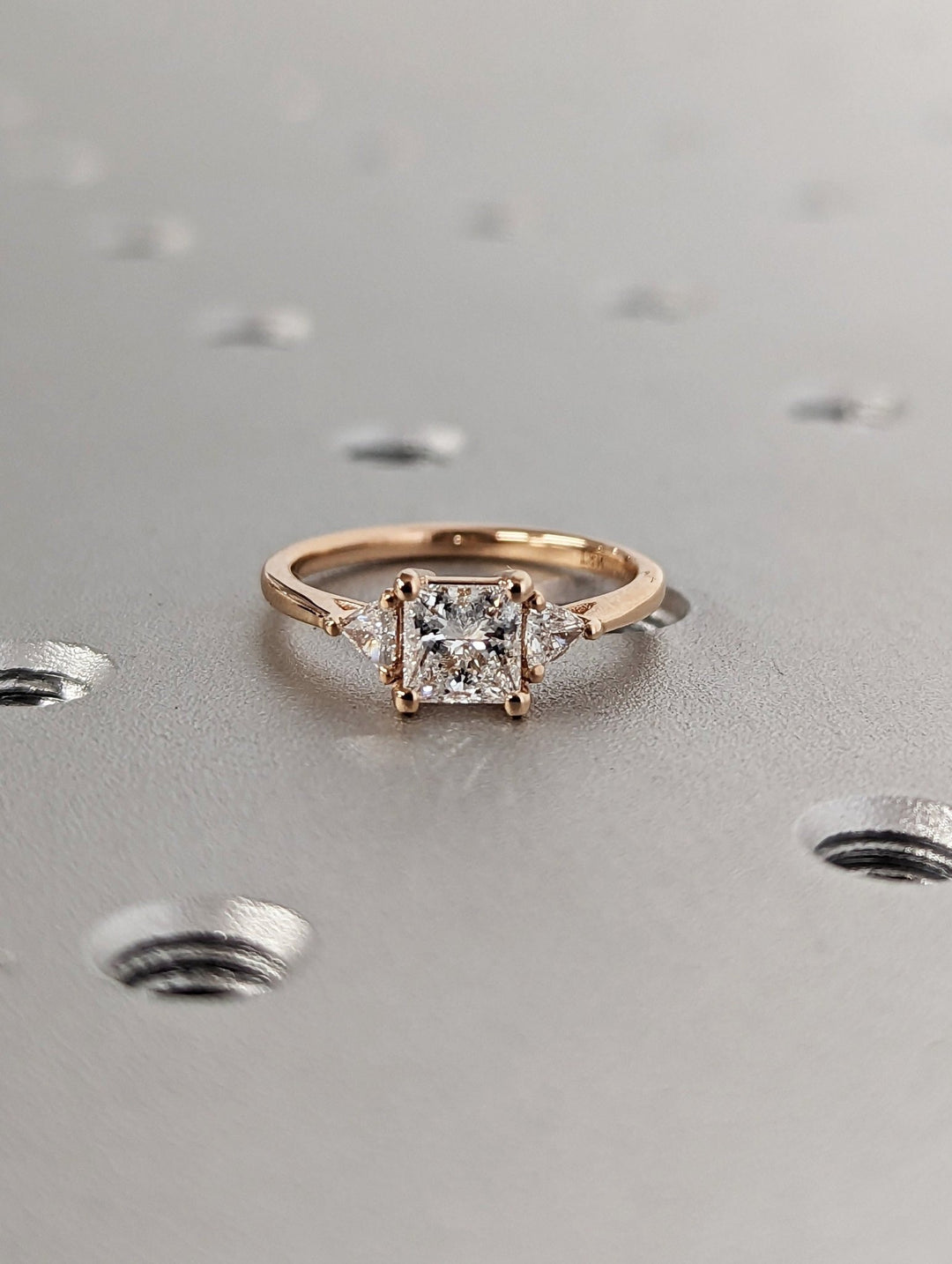 Handcrafted princess cut three stone lab grown diamond engagement ring