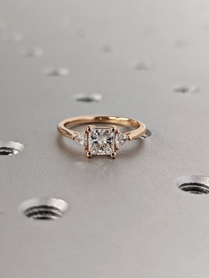 Handcrafted princess cut three stone lab grown diamond engagement ring