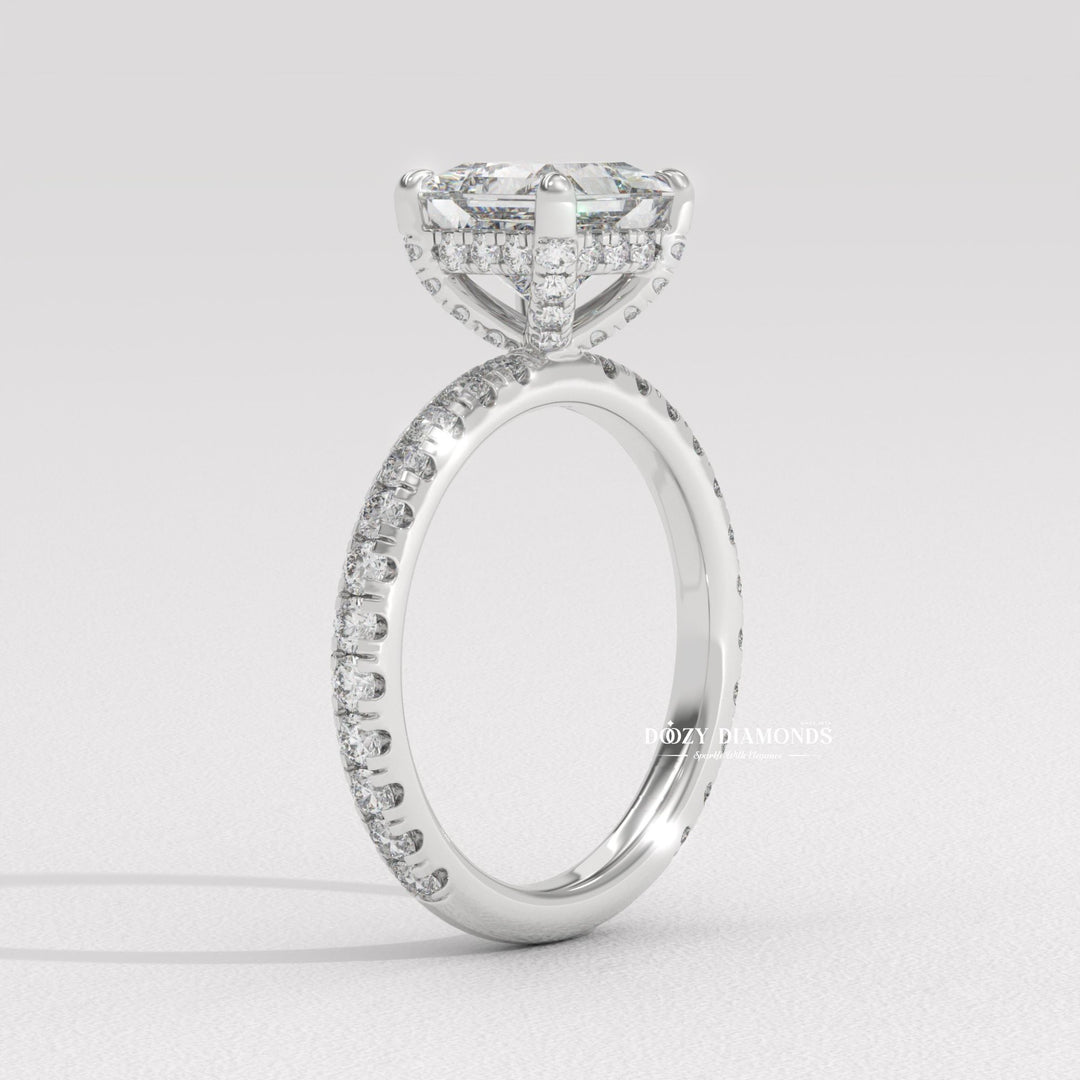 Princess hidden halo lab grown diamond ring side profile in gold setting