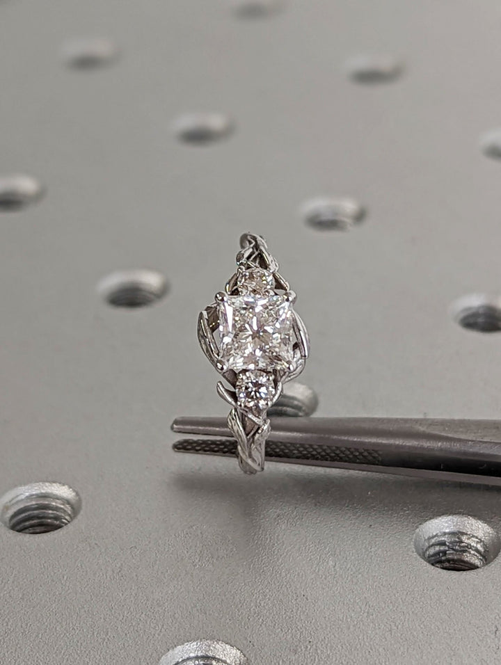 Fine craftsmanship detail on princess vintage engagement ring