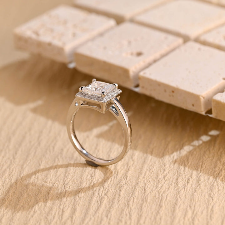 Premium princess cut halo engagement ring crafted in solid gold
