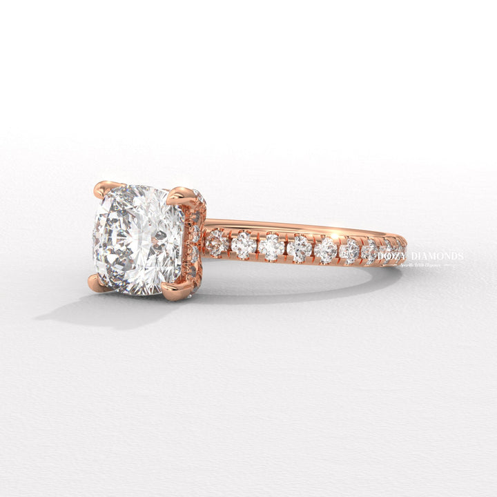 Cushion solitaire engagement ring finished in polished solid gold