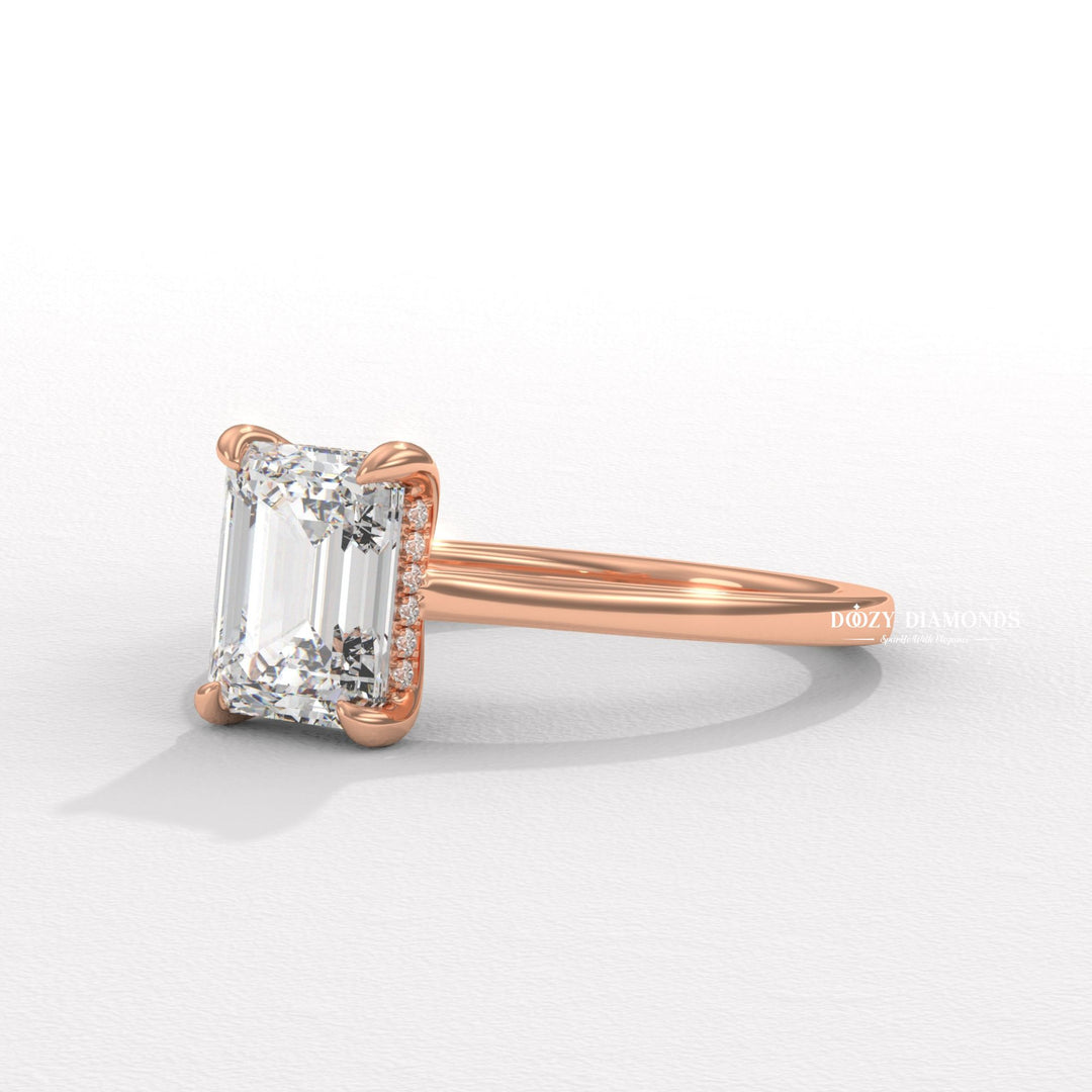 Premium emerald cut hidden halo engagement ring crafted in solid gold
