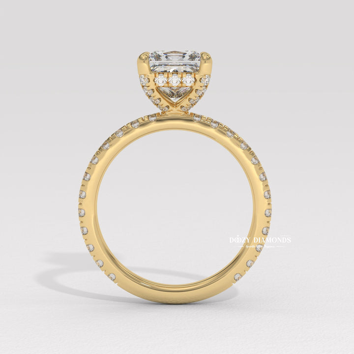 Angled view of princess cut diamond in hidden halo setting
