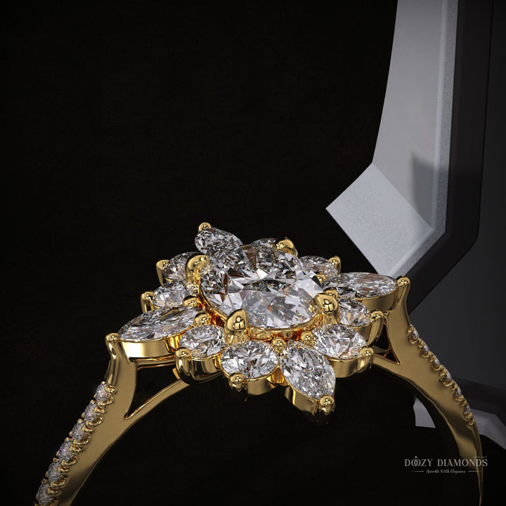 Oval cluster engagement ring with IGI certificate and packaging