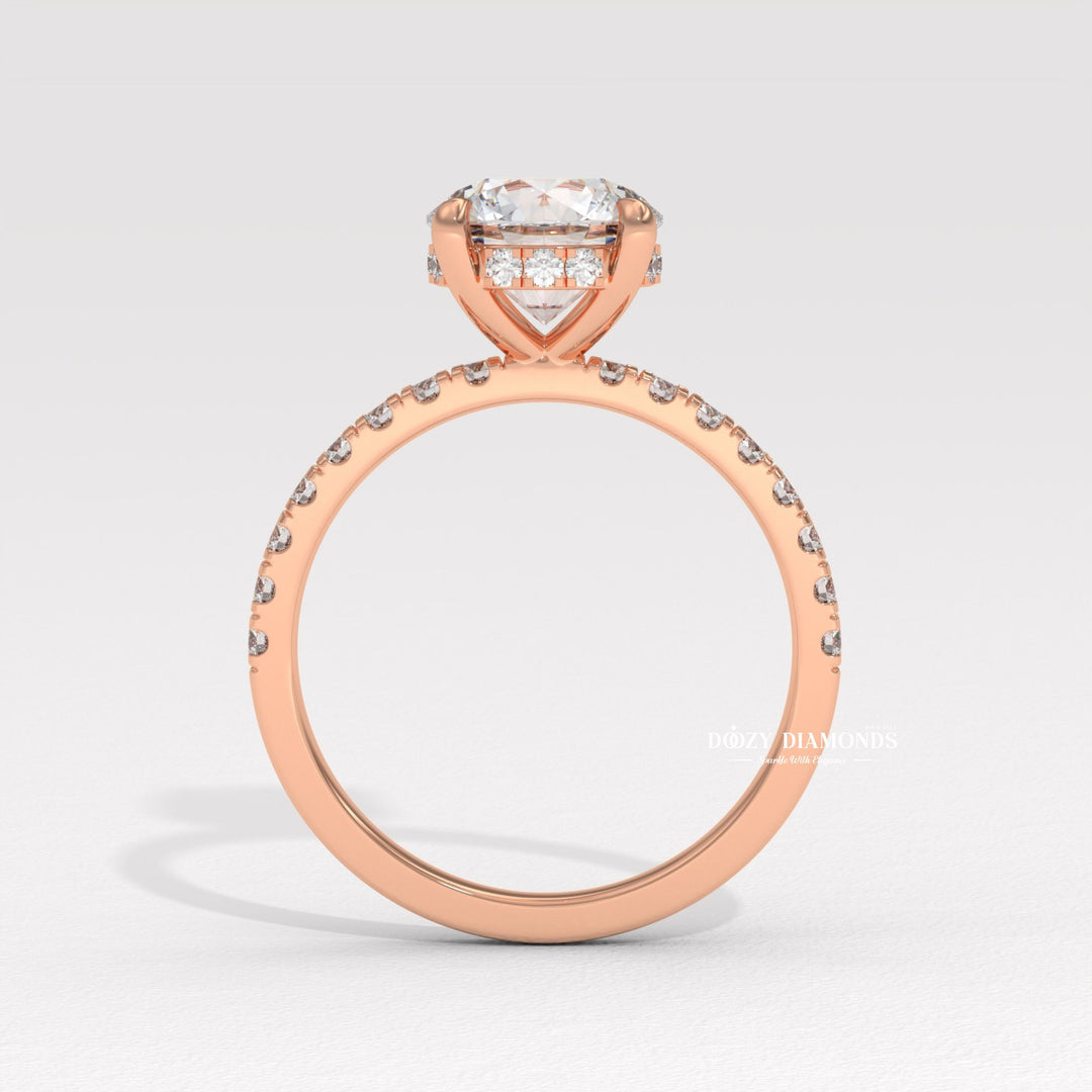 Round hidden halo engagement ring close-up showing high clarity diamond clarity