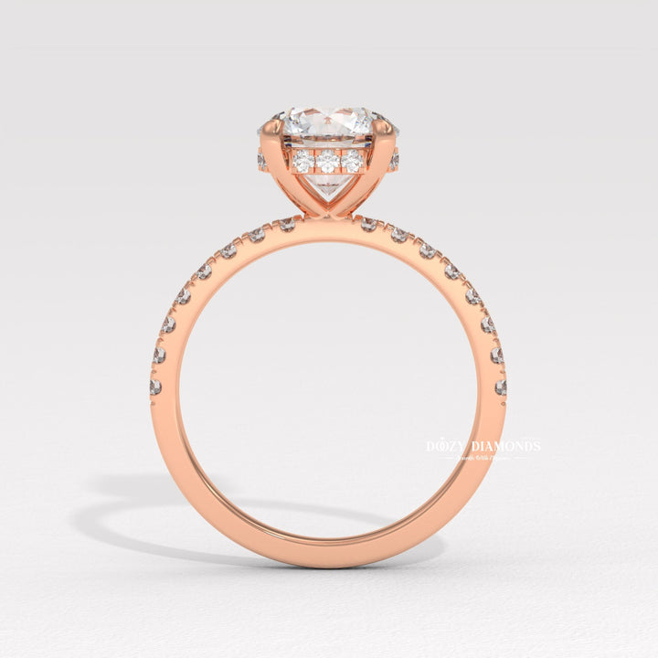 Round hidden halo engagement ring close-up showing high clarity diamond clarity