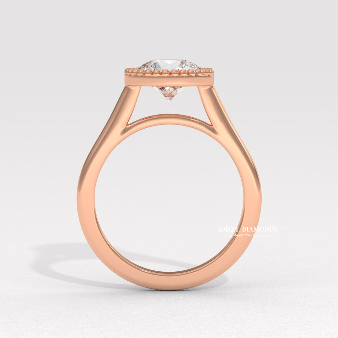 Round cut engagement ring side view showing band detail