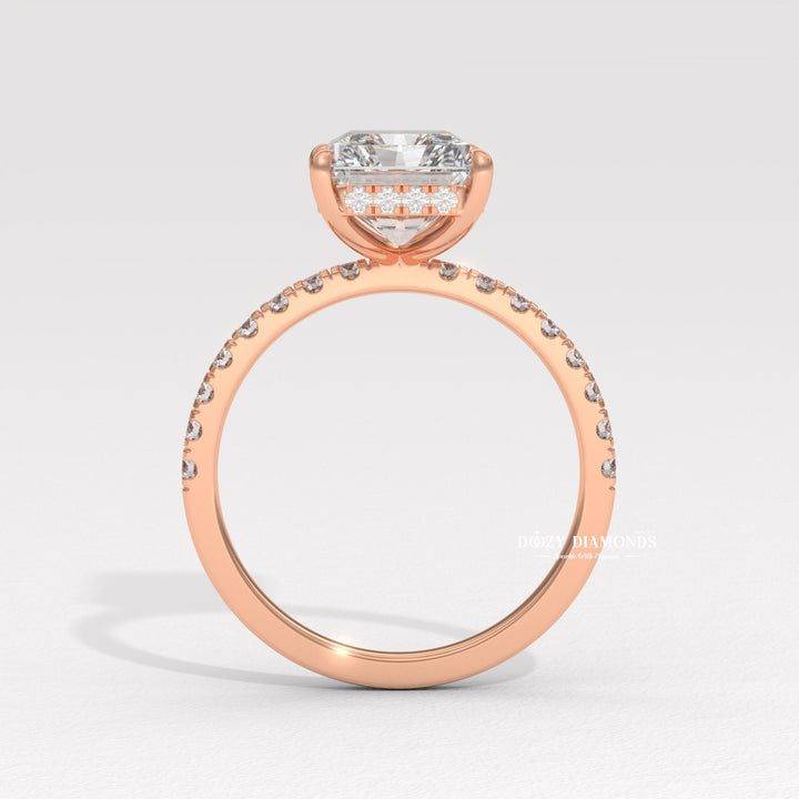 Side angle of radiant hidden halo diamond engagement ring