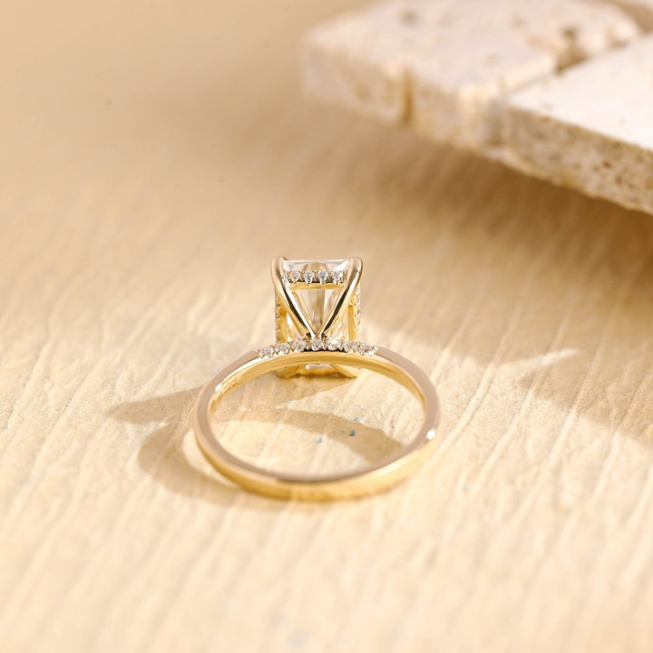 Classic radiant hidden halo engagement ring crafted for everyday wear