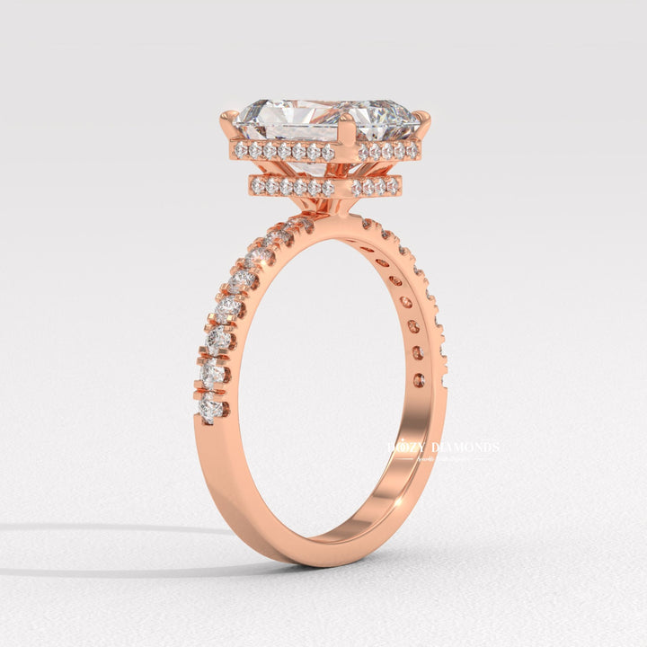 Radiant cut halo engagement ring shown in real-life wear