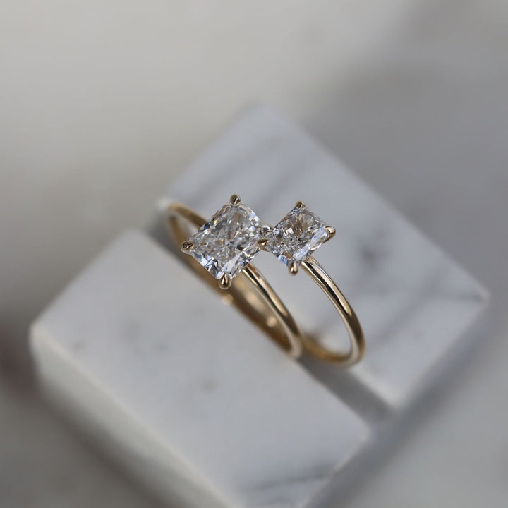 Profile view of radiant cut solitaire engagement ring band