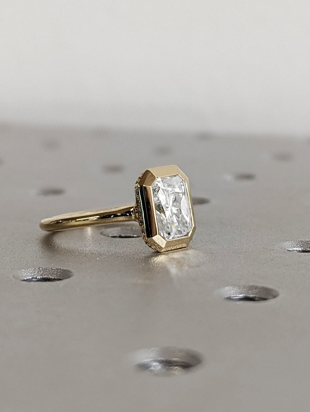 Handcrafted radiant cut hidden halo lab grown diamond engagement ring