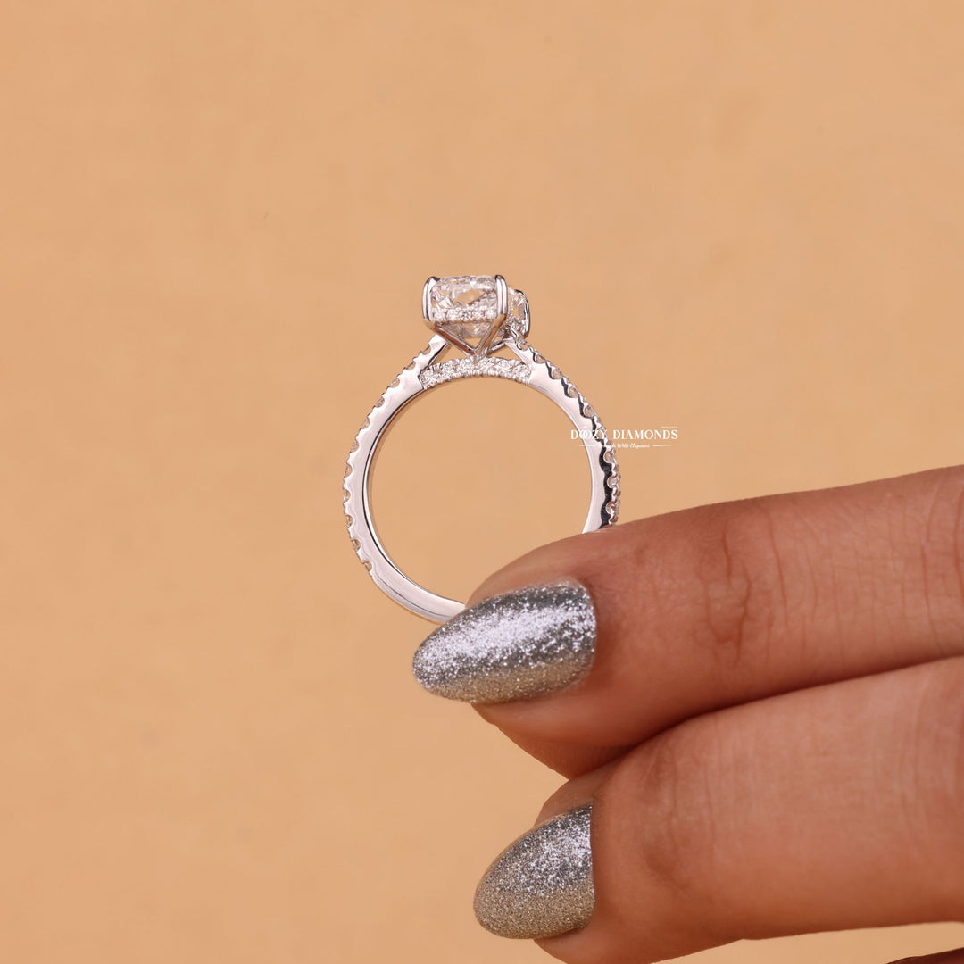 Macro shot of radiant cut diamond facets in hidden halo ring setting