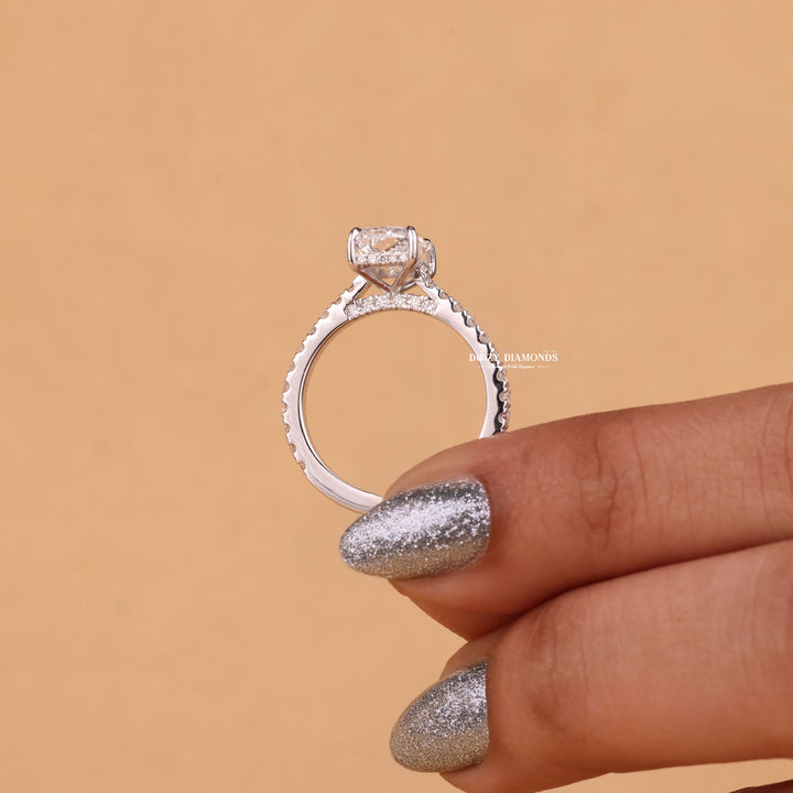 Macro shot of radiant cut diamond facets in hidden halo ring setting