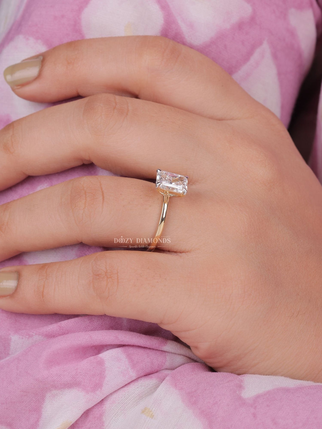Profile view of radiant cut solitaire engagement ring band