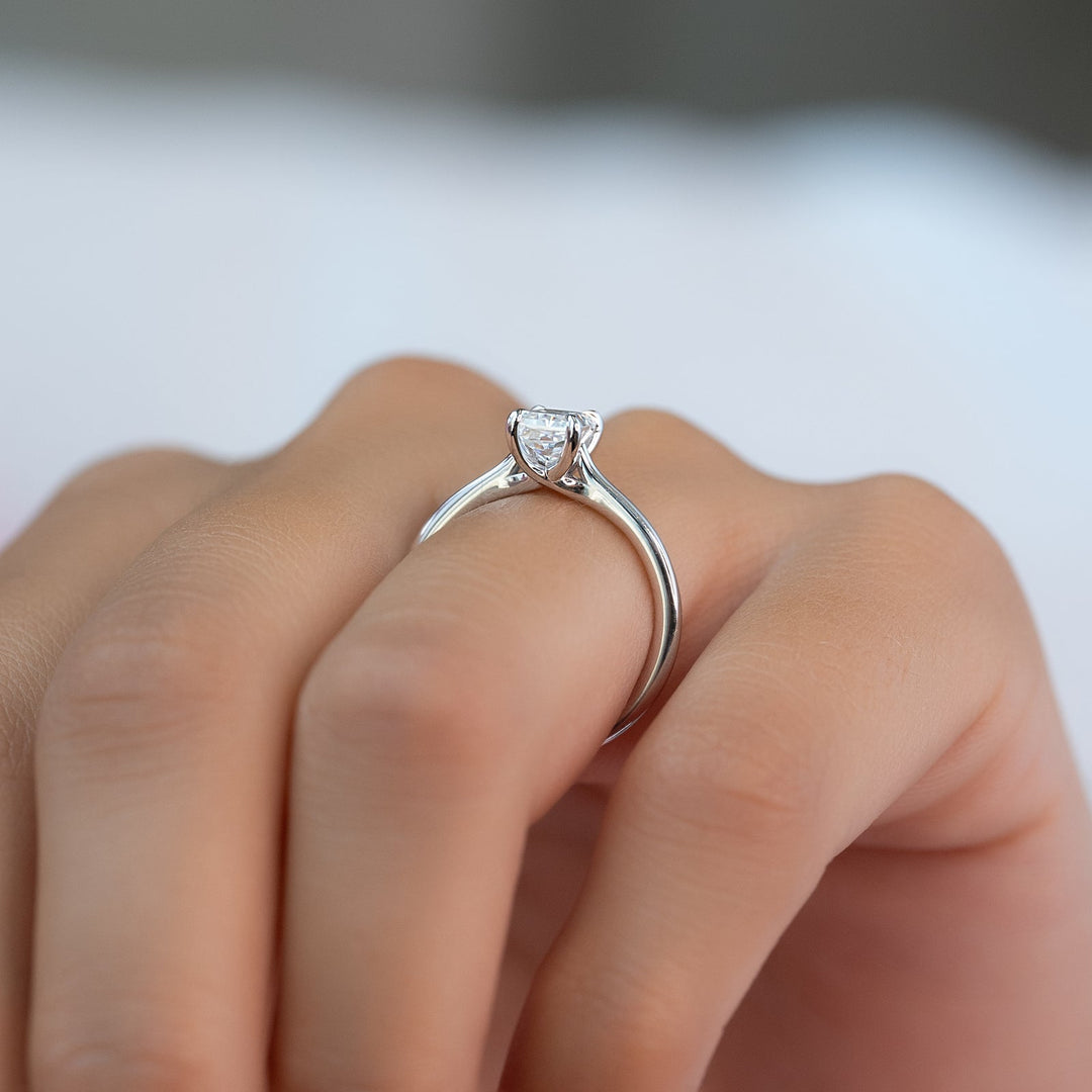 Fine craftsmanship detail on radiant solitaire engagement ring