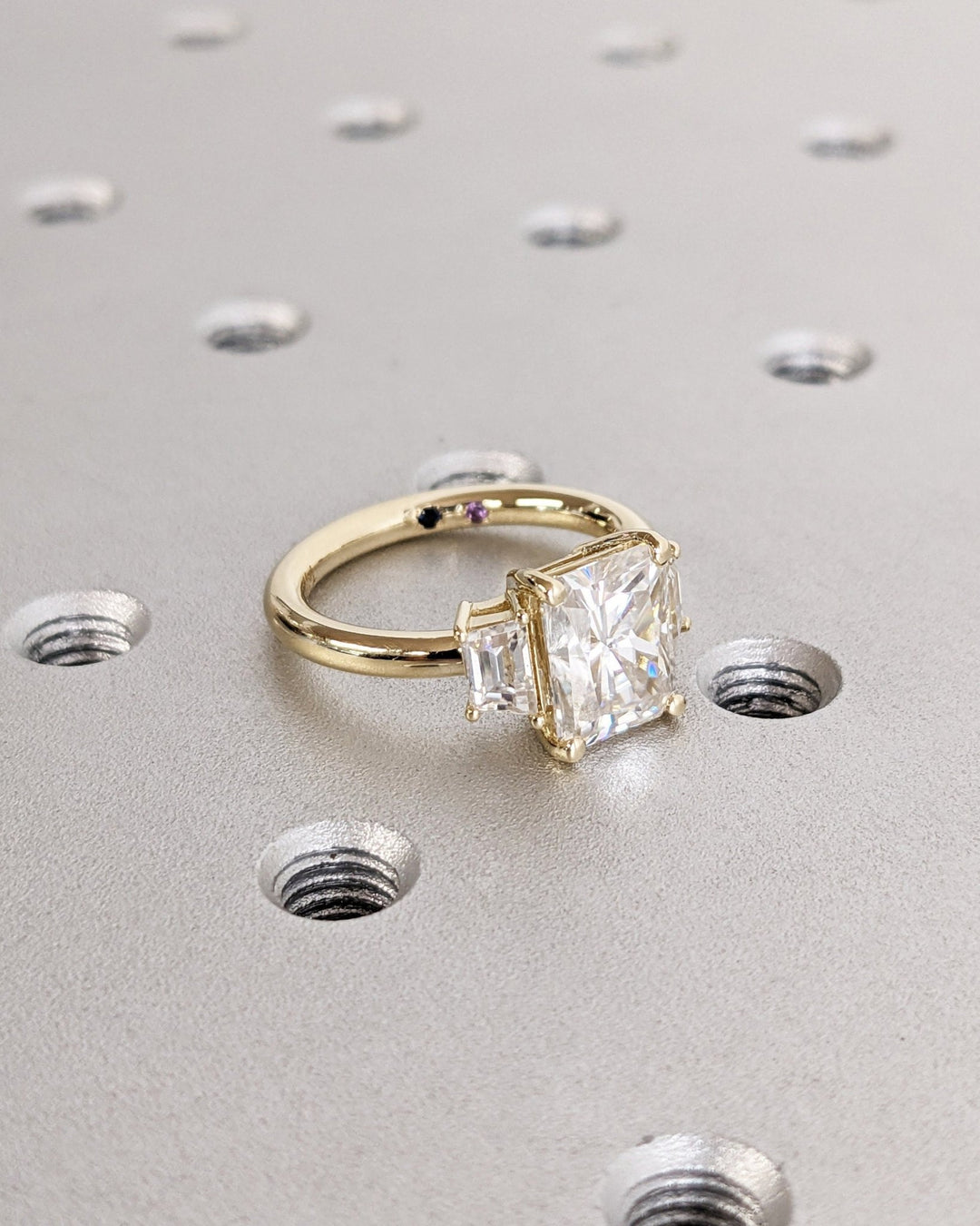 Radiant three stone engagement ring with certified lab grown diamond