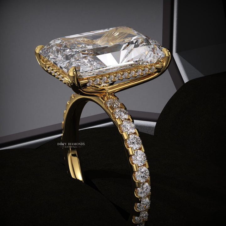 Radiant hidden halo diamond engagement ring available in multiple metals