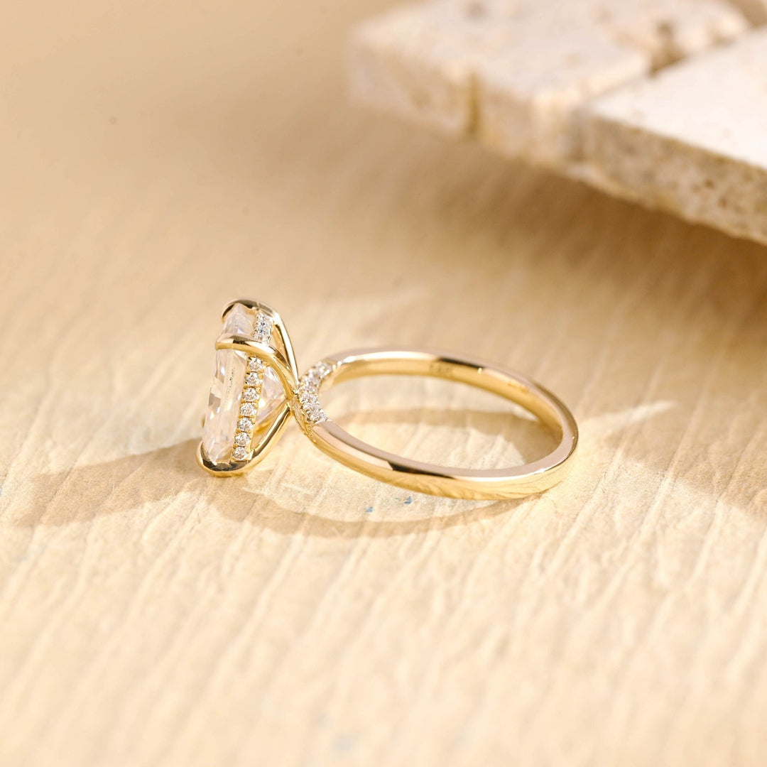 Handcrafted radiant cut hidden halo lab grown diamond engagement ring