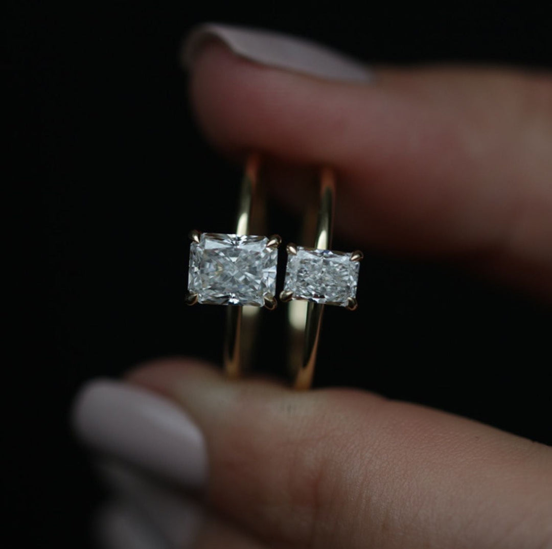 Radiant solitaire lab grown diamond ring fitted on finger