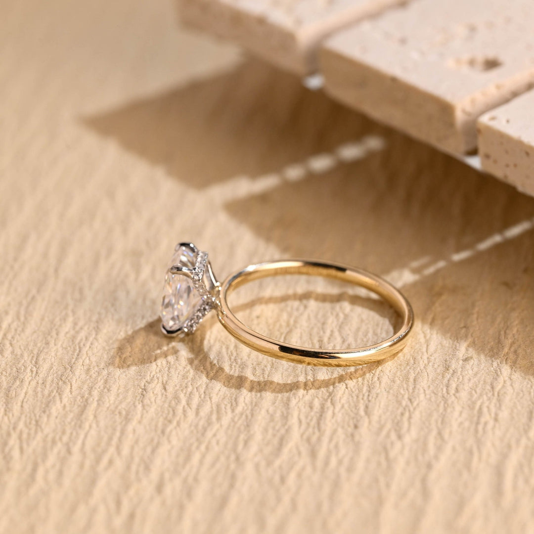 Radiant hidden halo engagement ring close-up showing high clarity diamond clarity