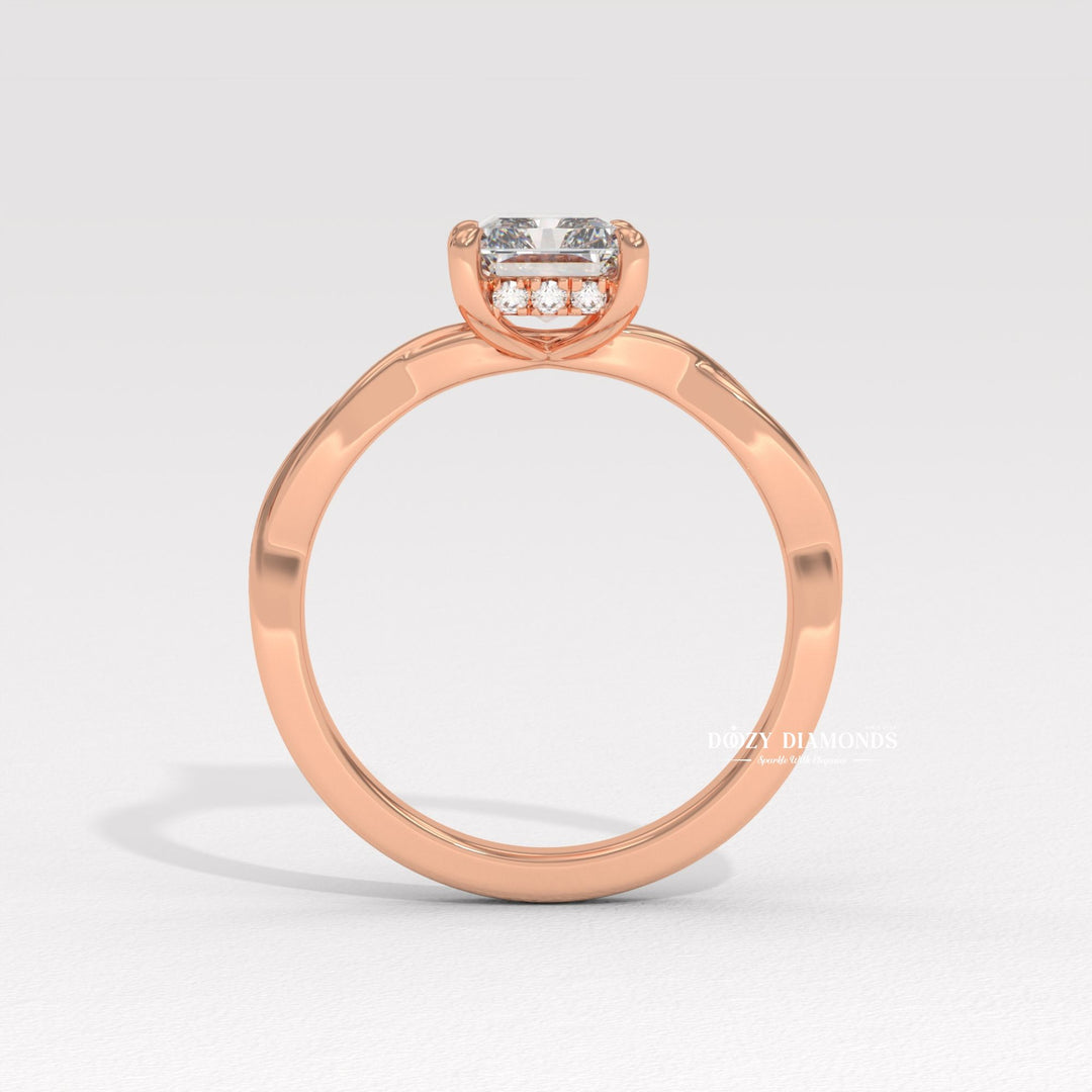 Angled view of radiant cut diamond in solitaire setting