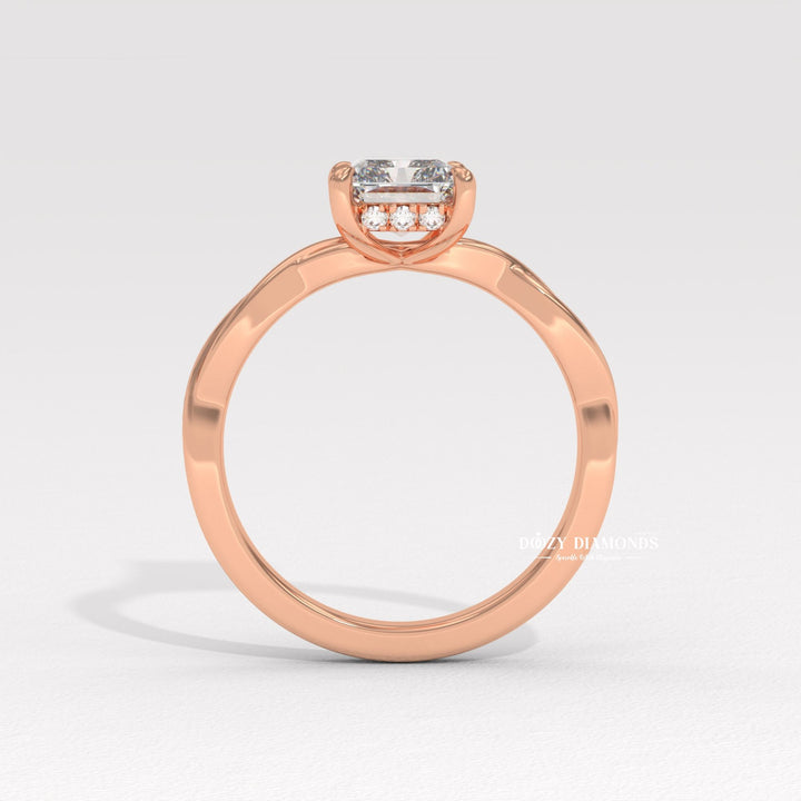 Angled view of radiant cut diamond in solitaire setting