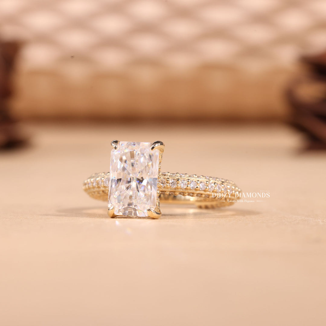 Radiant pave engagement ring finished in polished solid gold