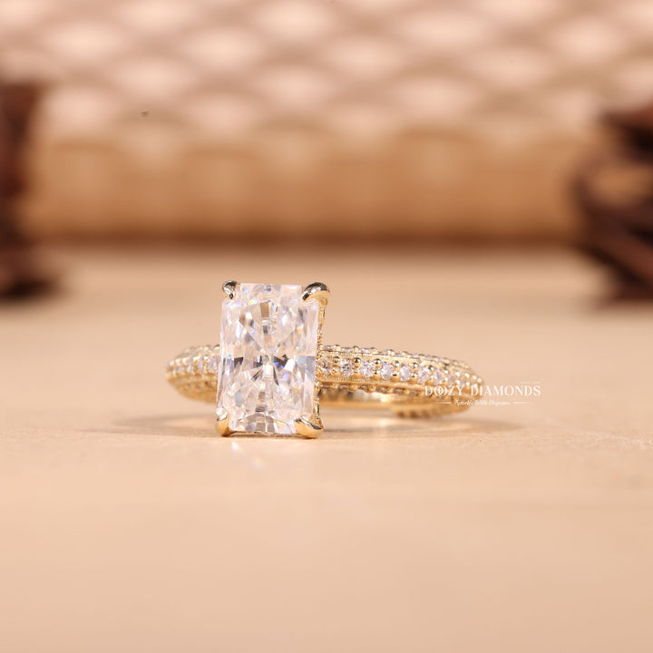 Radiant pave engagement ring finished in polished solid gold