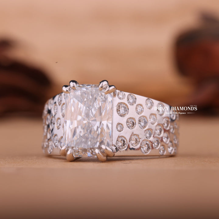 Angled view of radiant cut diamond in solitaire setting