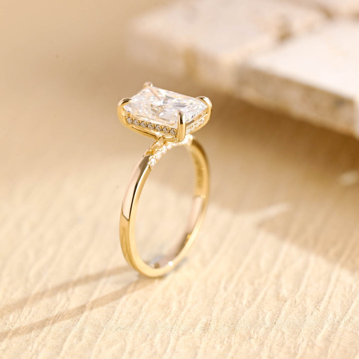 Fine craftsmanship detail on radiant hidden halo engagement ring