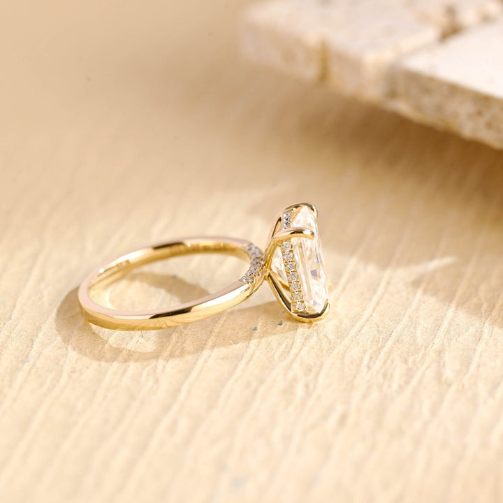 Premium radiant cut hidden halo engagement ring crafted in solid gold