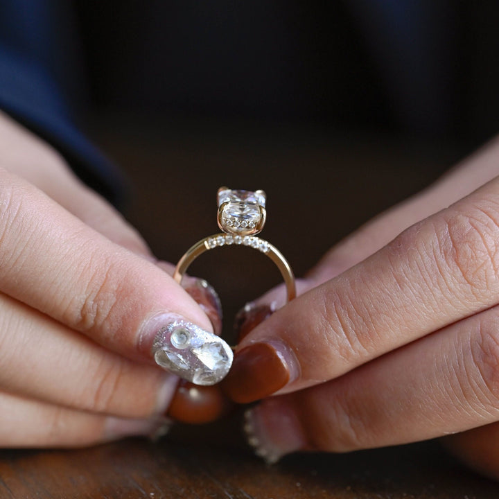 Top-down view of radiant cut hidden halo engagement ring