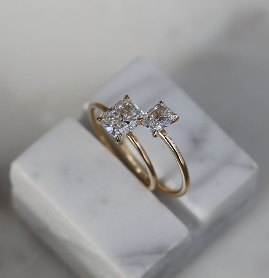 Radiant solitaire engagement ring finished in polished solid gold