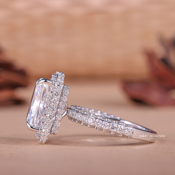 Radiant cut engagement ring side view showing band detail